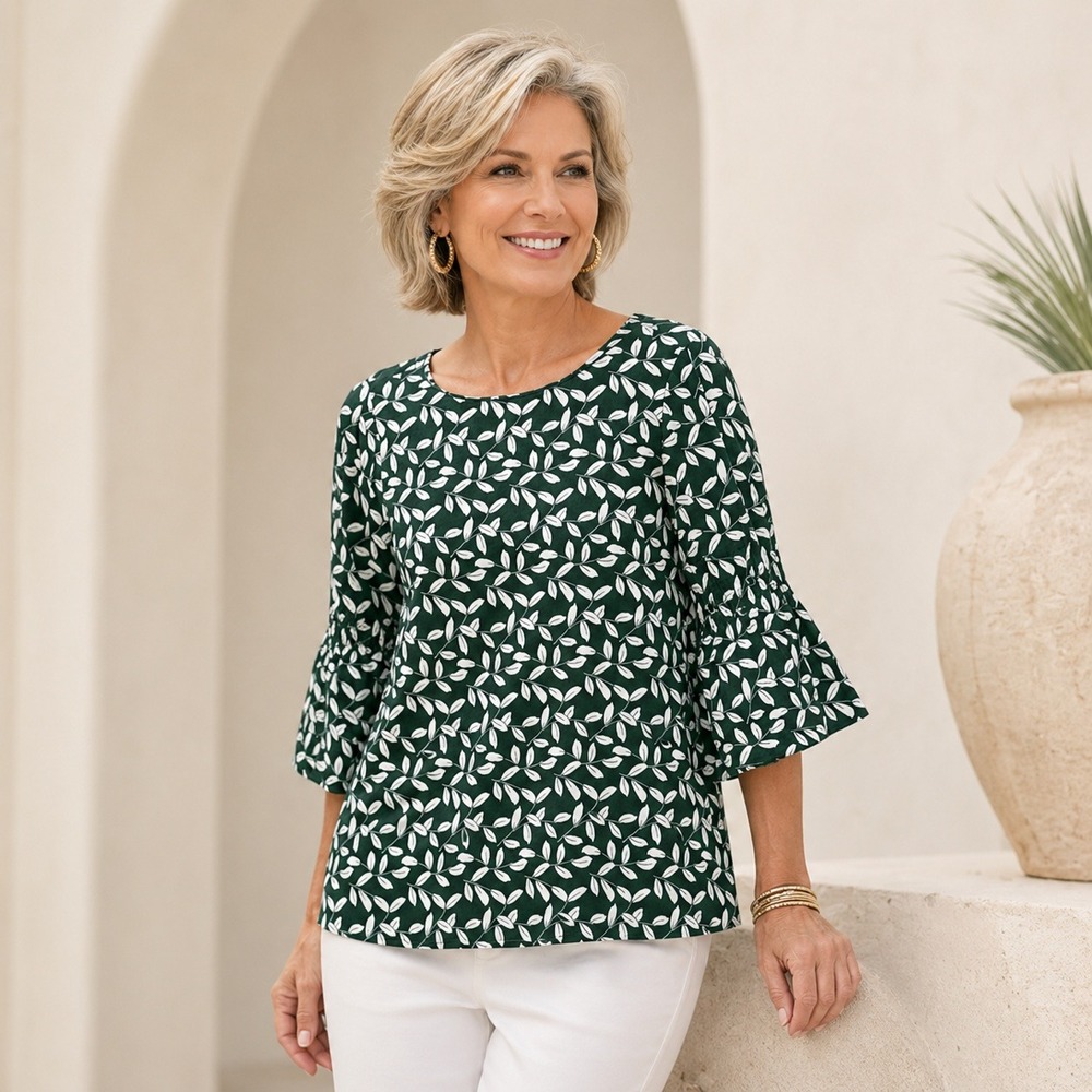 Lafayette 148 Womens Floral Leaf Print Bell Sleeve Blouse Green XS Career Spring